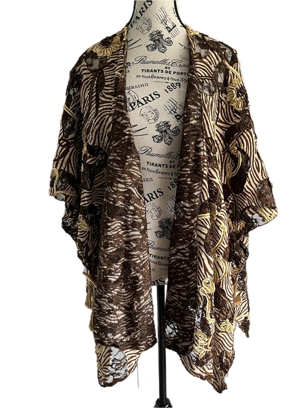 🔻🔻 SALE Vintage Brown Gold Zebra Lace Kimono Cardigan Boho Festival One Size